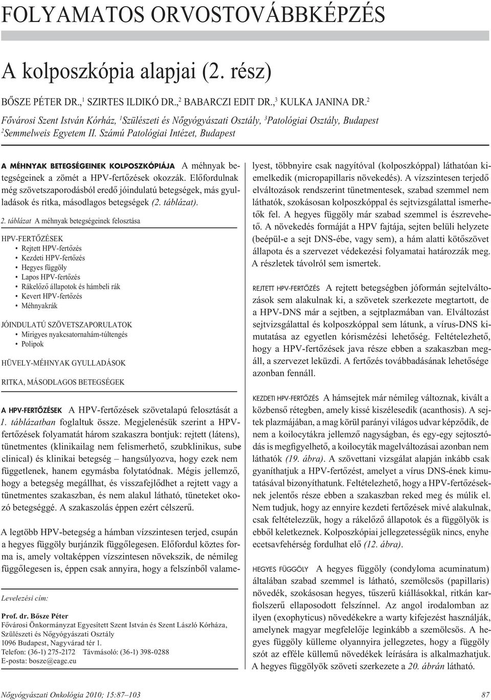 Számú Ptológii Intézet, Budpest A MÉHNYAK BETEGSÉGEINEK KOLPOSZKÓPIÁJA A méhnyk etegségeinek zömét HPV-fertôzések okozzák.