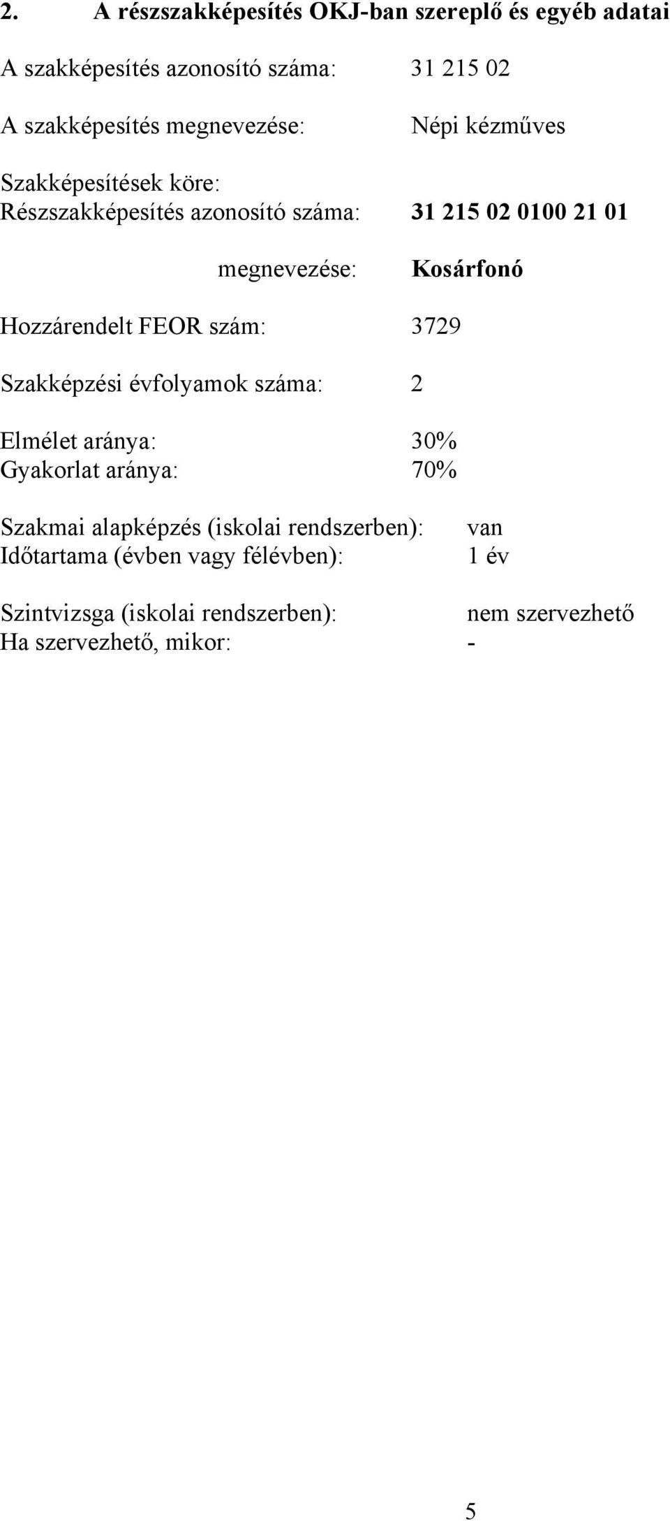 Kosárfonó Hozzárendelt FEOR szám: 3729 Szakképzési évfolyamok száma: 2 Elmélet aránya: 30% Gyakorlat aránya: 70% Szakmai