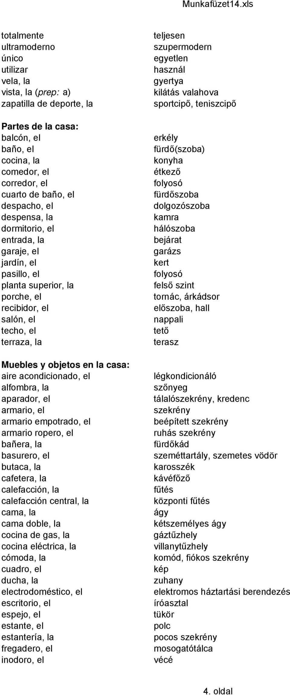 acondicionado, el alfombra, la aparador, el armario, el armario empotrado, el armario ropero, el bañera, la basurero, el butaca, la cafetera, la calefacción, la calefacción central, la cama, la cama