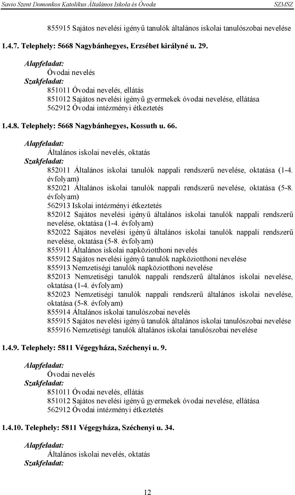 66. Alapfeladat: Általános iskolai nevelés, oktatás Szakfeladat: 852011 Általános iskolai tanulók nappali rendszerű nevelése, oktatása (1-4.