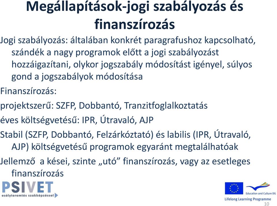 projektszerű: SZFP, Dobbantó, Tranzitfoglalkoztatás éves költségvetésű: IPR, Útravaló, AJP Stabil (SZFP, Dobbantó, Felzárkóztató) és