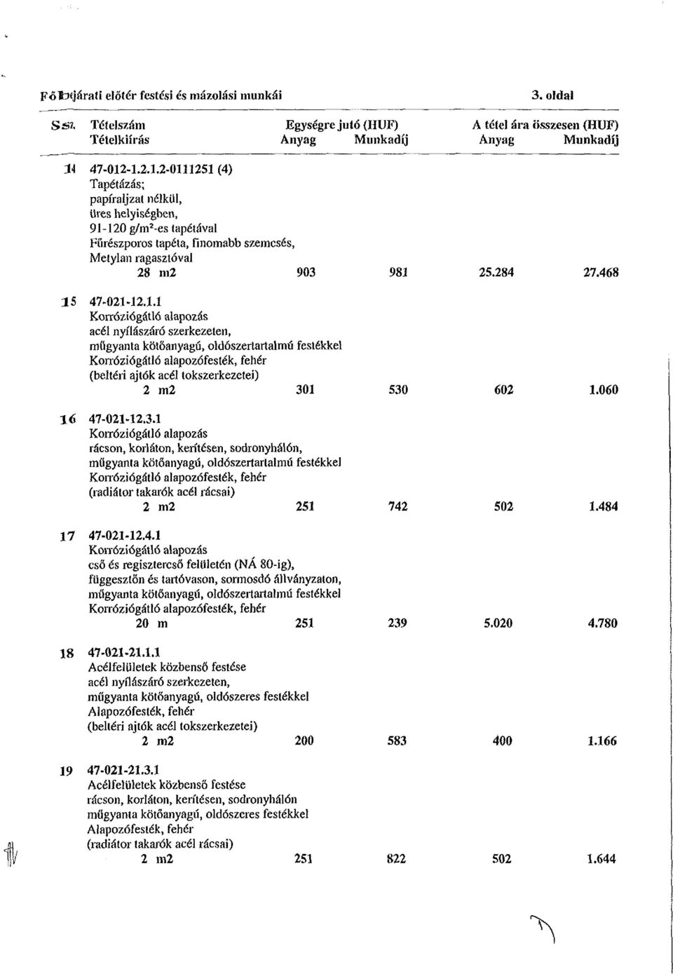 468 15 47-021-12.1.1 Korróziógátló alapozás acél nyílászáró szerkezeten, műgyanta kötőanyagú, oldószertartalmu festékkel Korróziógátló alapozófesték, fehér (beltéri ajtók acél tokszerkezetei) 2 m2 301 530 602 1.