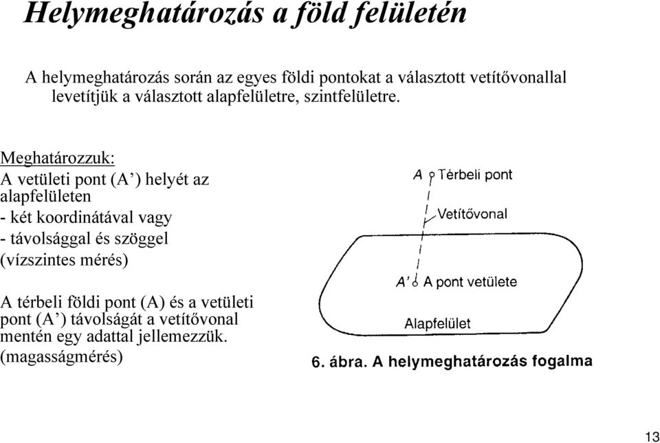 Meghatározzuk: A vetületi pont (A ) helyét az alapfelületen - két koordinátával vagy - távolsággal és