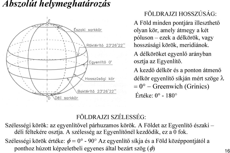 A kezdő délkör és s a ponton átmenő délkör r egyenlítő síkján n mért m szöge λ = 0 0 Greenwich (Grinics) Értéke: 0-180 FÖLDRAJZI SZÉLESS LESSÉG: Széless lességi körök: k k: az egyenlítővel