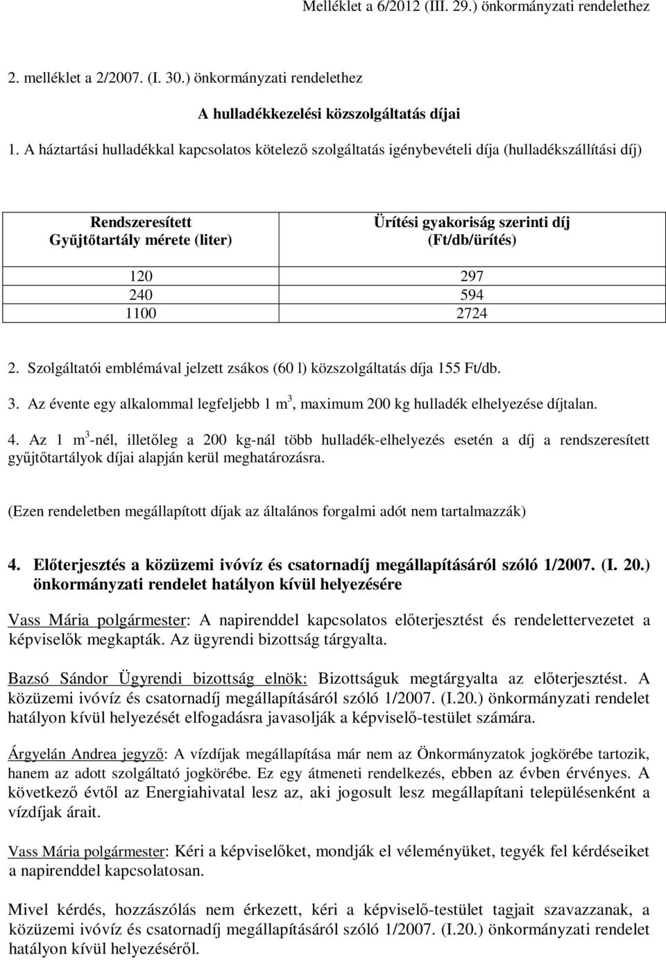 297 240 594 1100 2724 2. Szolgáltatói emblémával jelzett zsákos (60 l) közszolgáltatás díja 155 Ft/db. 3. Az évente egy alkalommal legfeljebb 1 m 3, maximum 200 kg hulladék elhelyezése díjtalan. 4.