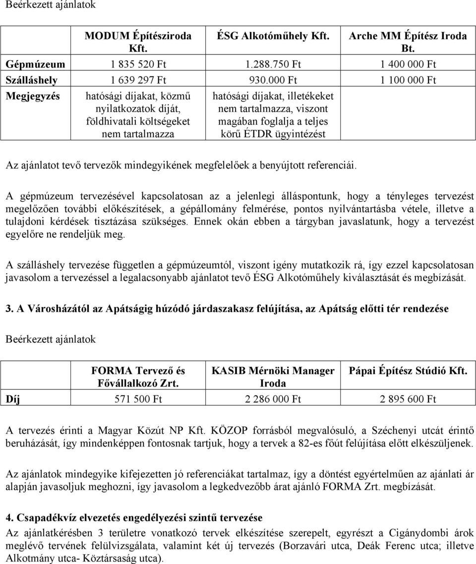 körű ÉTDR ügyintézést Az ajánlatot tevő tervezők mindegyikének megfelelőek a benyújtott referenciái.