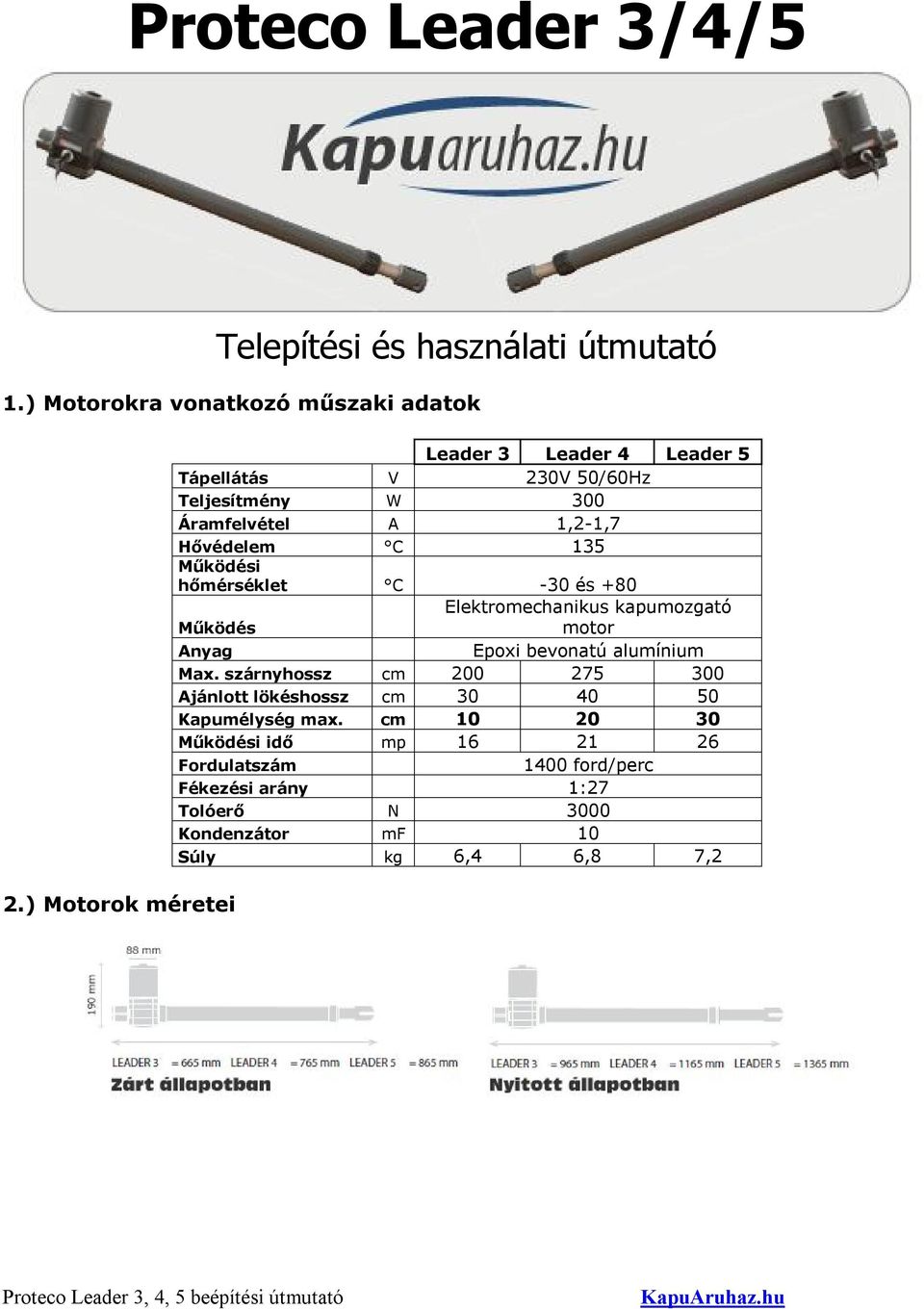 hőmérséklet C -30 és +80 Működés Elektromechanikus kapumozgató motor Anyag Epoxi bevonatú alumínium Max.