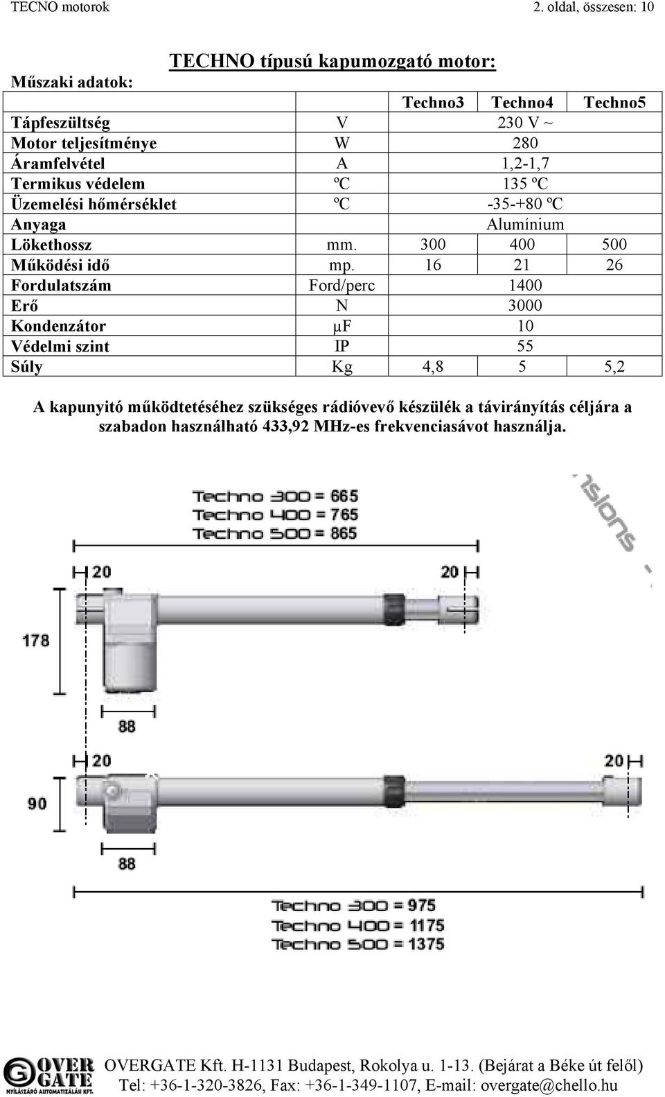 280 Áramfelvétel A 1,2-1,7 Termikus védelem ºC 135 ºC Üzemelési hőmérséklet ºC -35-+80 ºC Anyaga Alumínium Lökethossz mm.