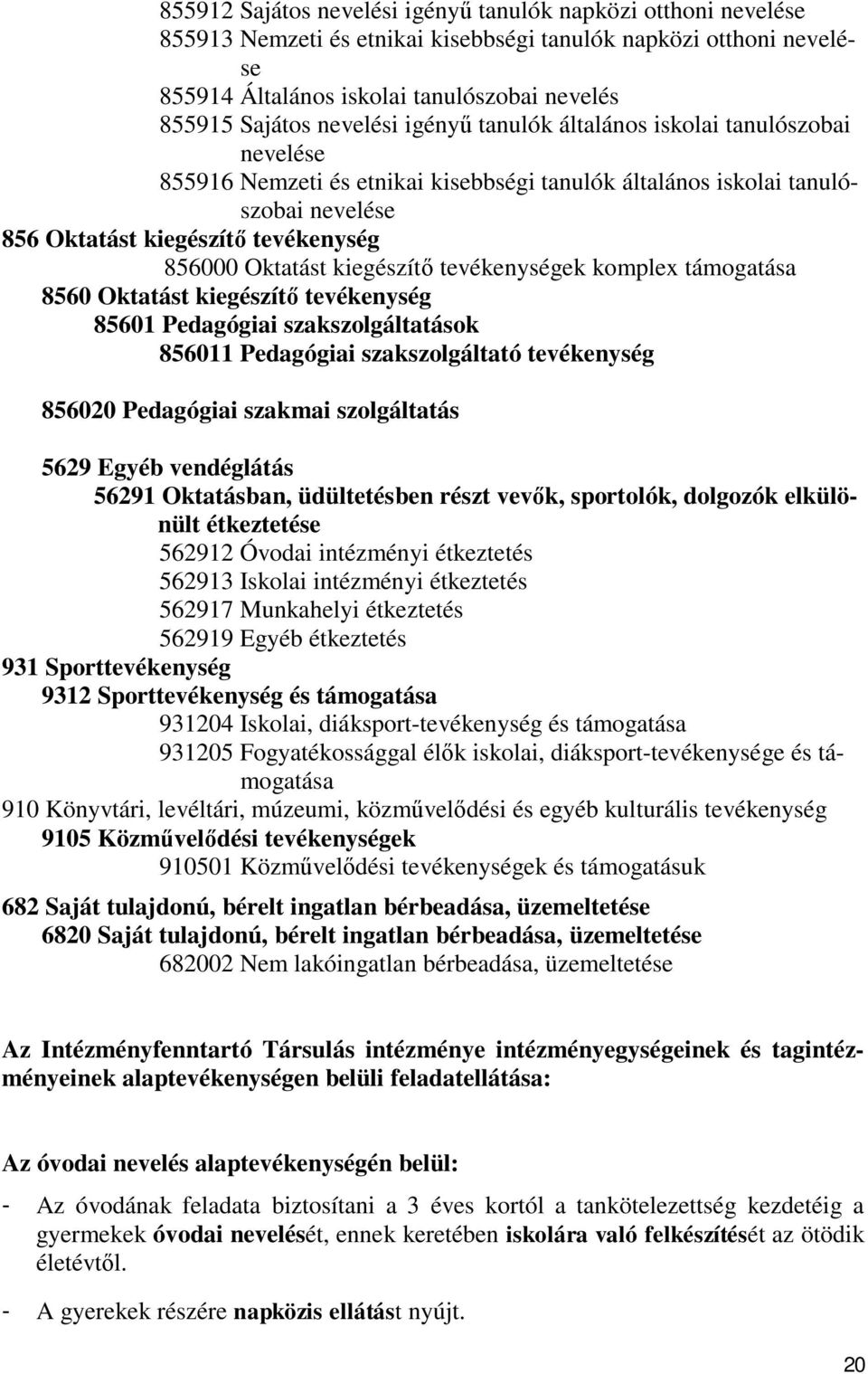 Oktatást kiegészítő tevékenységek komplex támogatása 8560 Oktatást kiegészítő tevékenység 85601 Pedagógiai szakszolgáltatások 856011 Pedagógiai szakszolgáltató tevékenység 856020 Pedagógiai szakmai