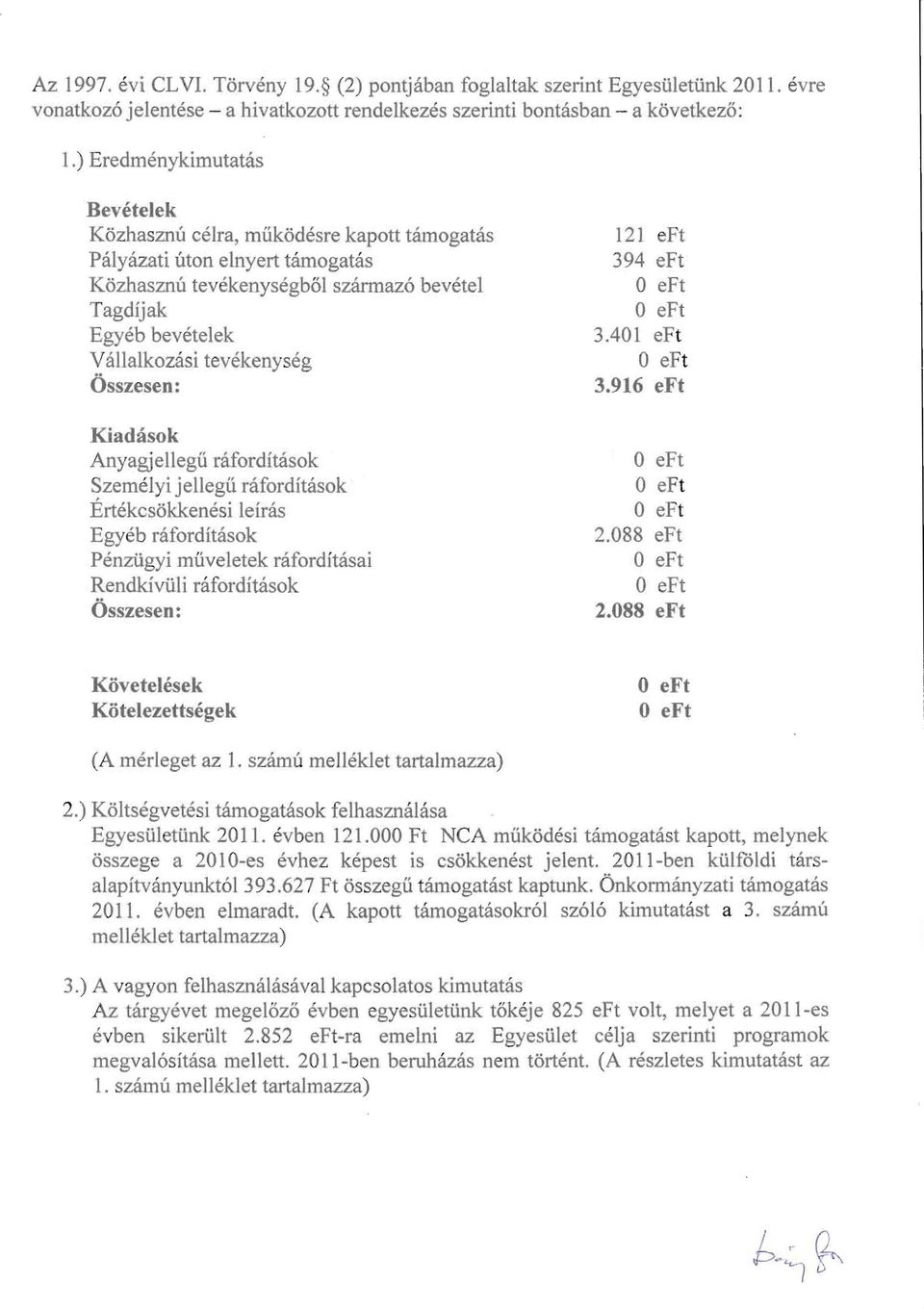 Osszesen: Kiadasok Anyagjellegu rafordimsok Szemelyi jeuegii niforditasok Ertekcsokkenesi leiras Egyeb nifordibisok Penziigyi muveletek niforditasai Rendkiviili raforditasok Osszesen: 121 eft 394 eft