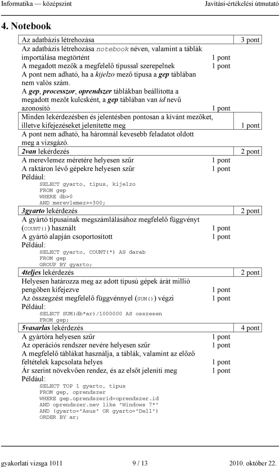 A gep, processzor, oprendszer táblákban beállította a megadott mezőt kulcsként, a gep táblában van id nevű azonosító Minden lekérdezésben és jelentésben pontosan a kívánt mezőket, illetve