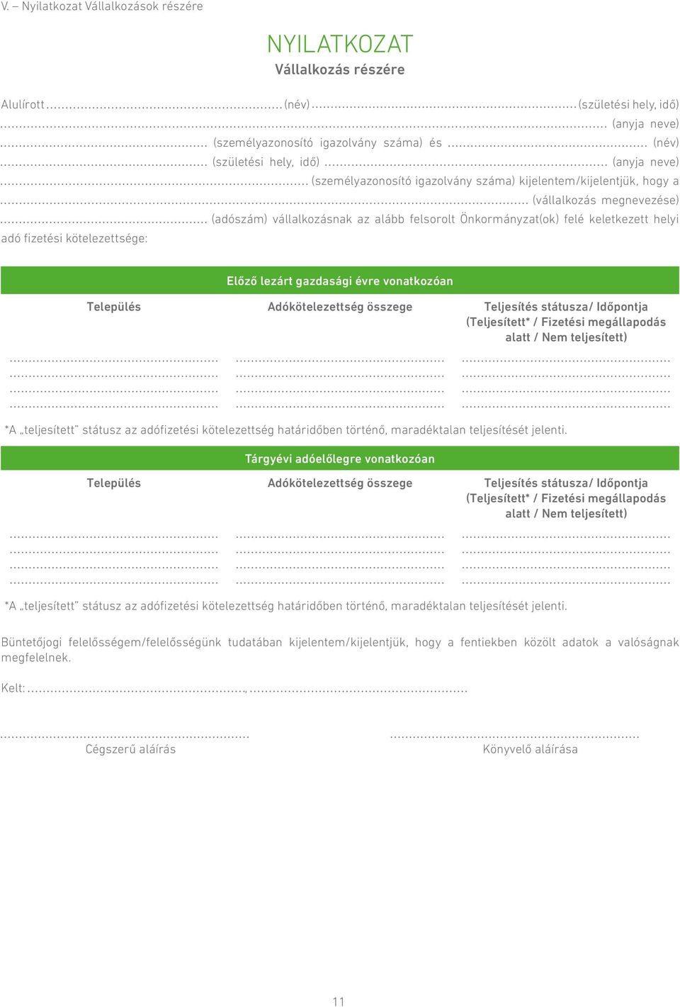 kötelezettsége: Előző lezárt gazdasági évre vonatkozóan Település Adókötelezettség összege Teljesítés státusza/ Időpontja (Teljesített* / Fizetési megállapodás alatt / Nem teljesített) *A teljesített