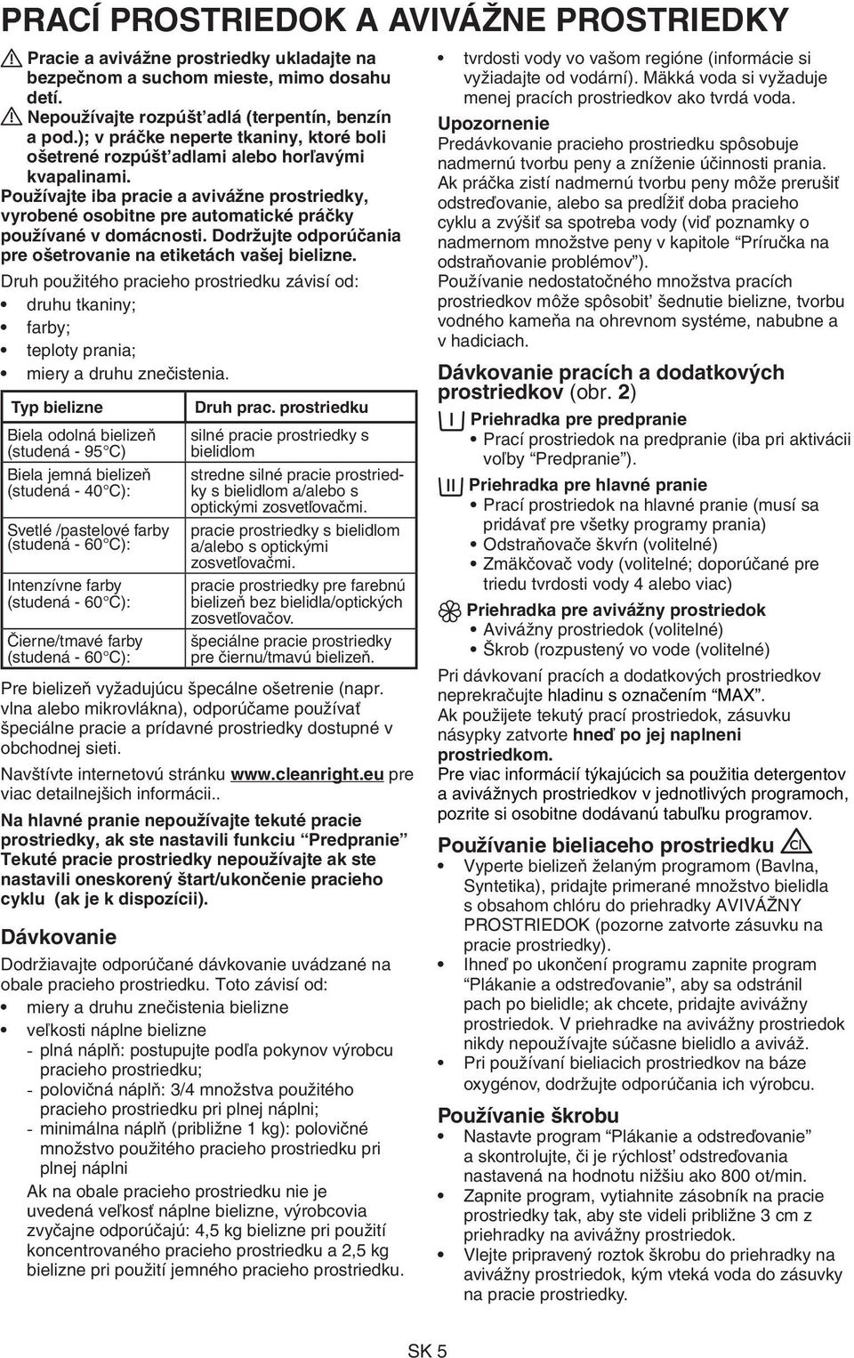 Používajte iba pracie a avivážne prostriedky, vyrobené osobitne pre automatické práčky používané v domácnosti. Dodržujte odporúčania pre ošetrovanie na etiketách vašej bielizne.