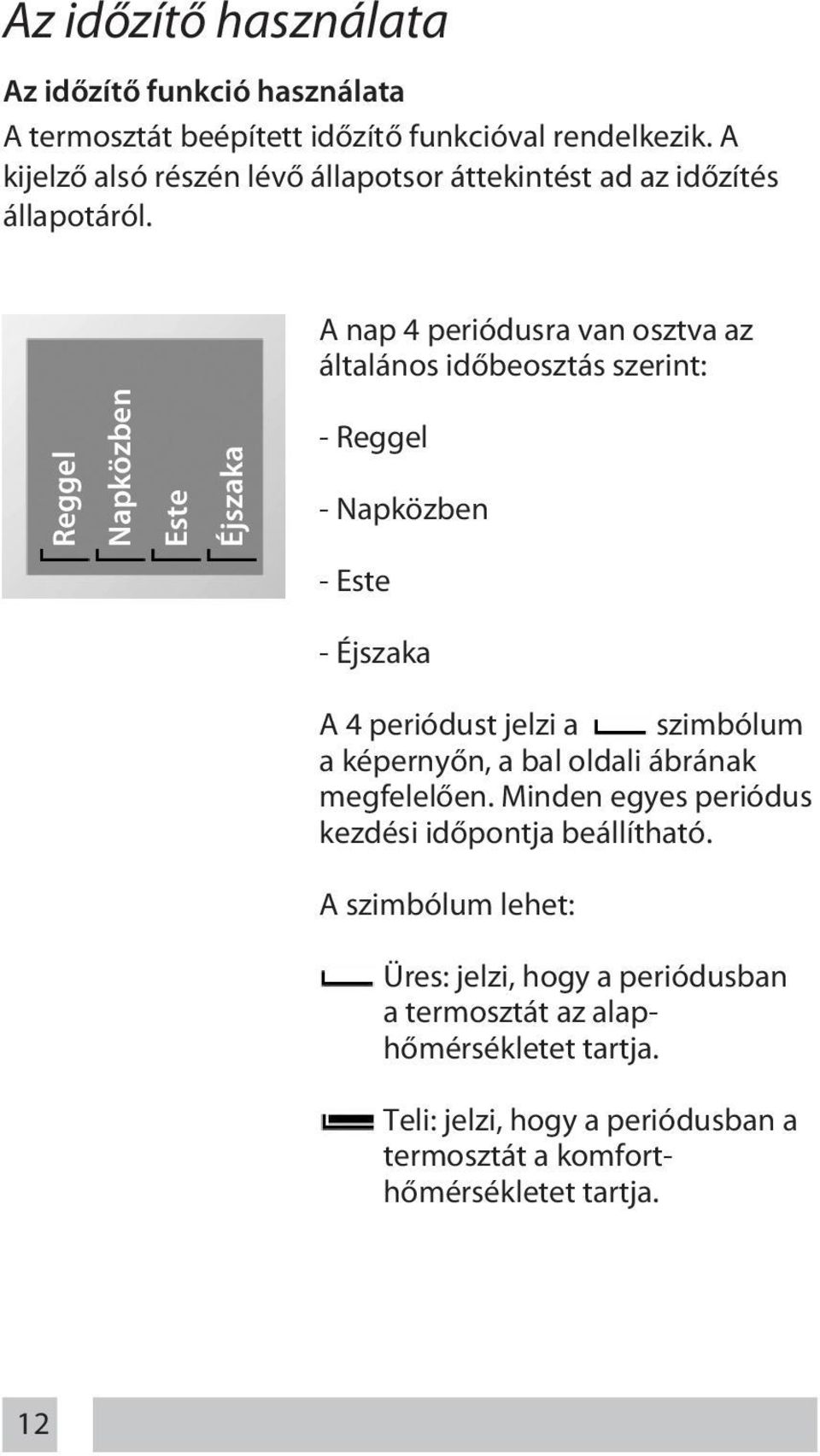 A nap 4 periódusra van osztva az általános időbeosztás szerint: Reggel Napközben Este Éjszaka - Reggel - Napközben - Este - Éjszaka A 4 periódust jelzi a