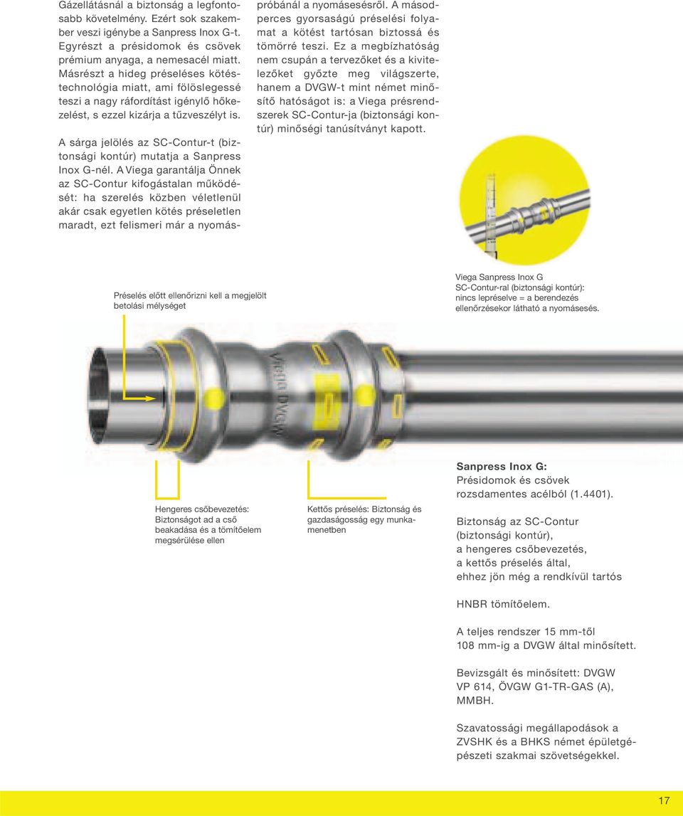 A sárga jelölés az SC-Contur-t (biztonsági kontúr) mutatja a Sanpress Inox G-nél.