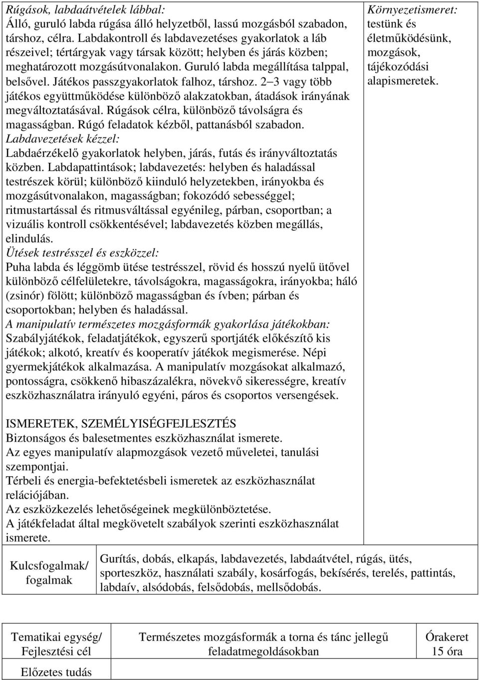 Játékos passzgyakorlatok falhoz, társhoz. 2 3 vagy több játékos együttműködése különböző alakzatokban, átadások irányának megváltoztatásával. Rúgások célra, különböző távolságra és magasságban.