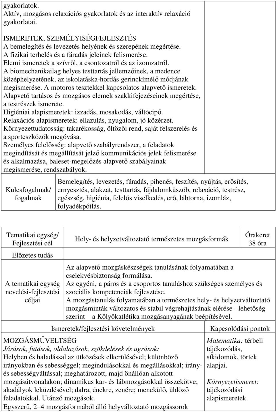 A biomechanikailag helyes testtartás jellemzőinek, a medence középhelyzetének, az iskolatáska-hordás gerinckímélő módjának megismerése. A motoros tesztekkel kapcsolatos alapvető ismeretek.