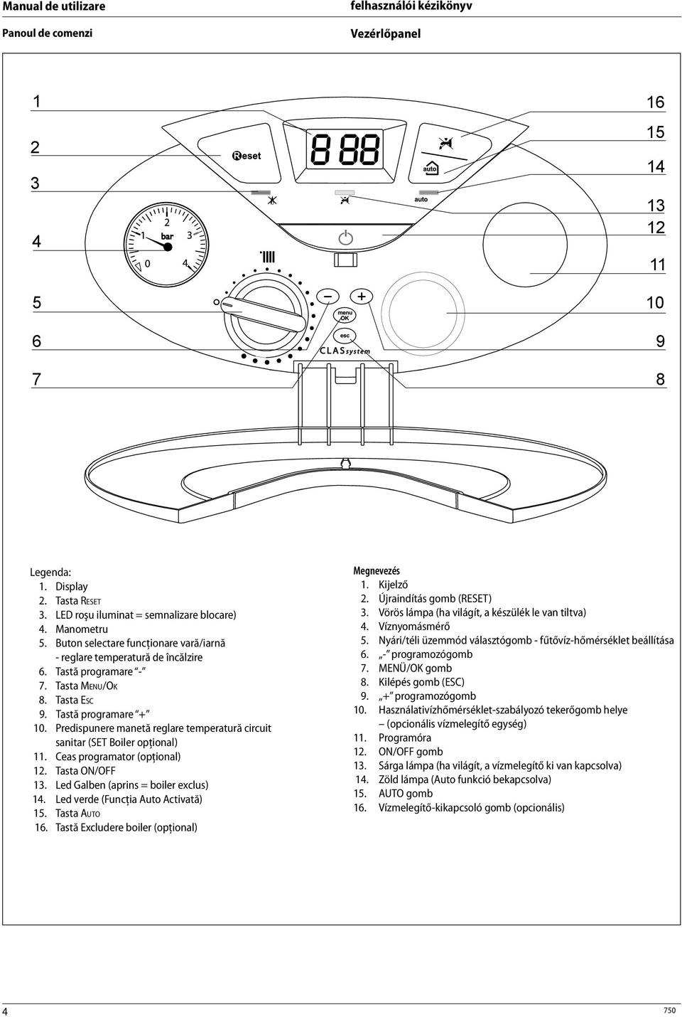 Predispunere manetă reglare temperatură circuit sanitar (SET Boiler opţional) 11. Ceas programator (opţional) 12. Tasta ON/OFF 13. Led Galben (aprins = boiler exclus) 14.