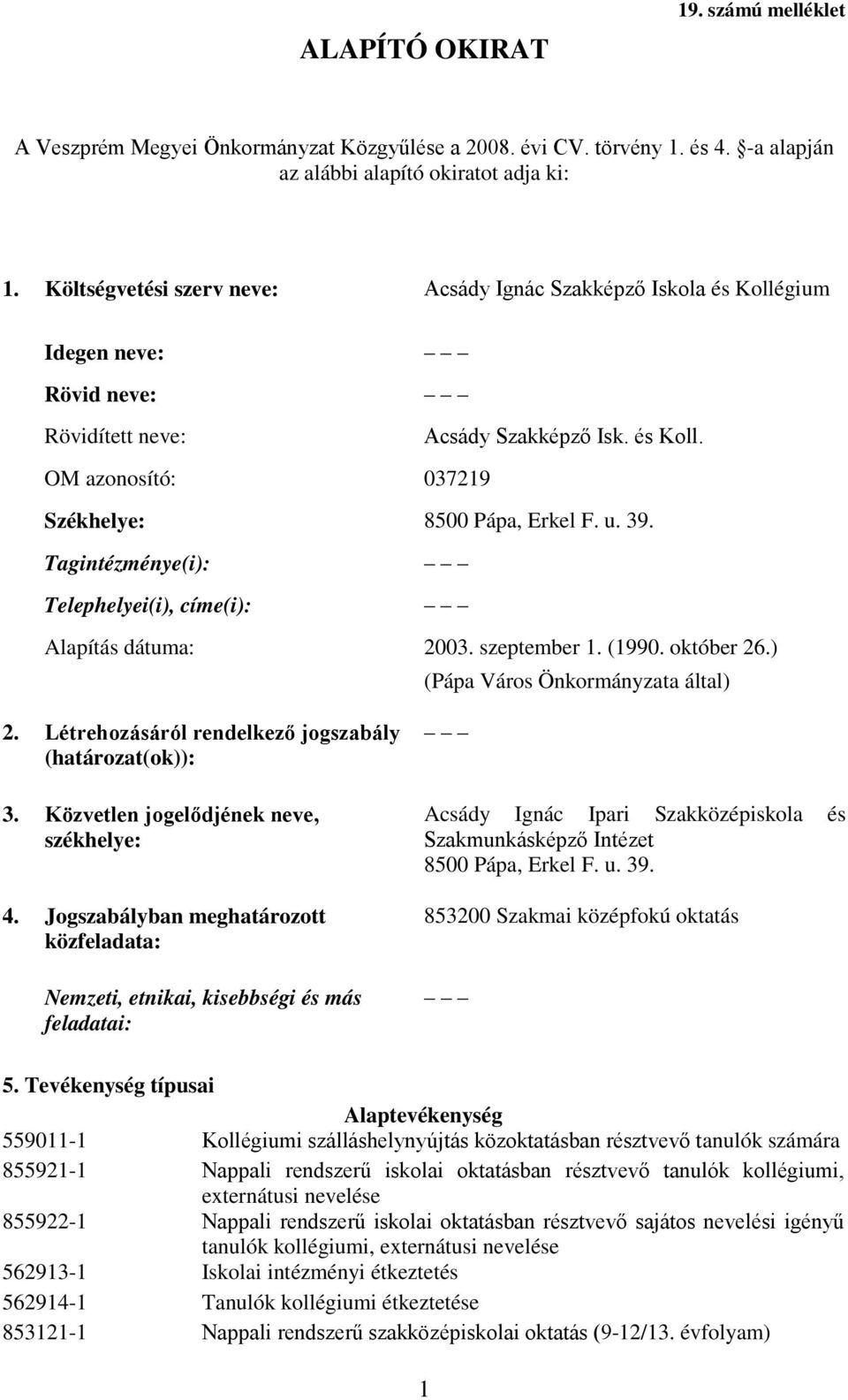 Tagintézménye(i): Telephelyei(i), címe(i): Alapítás dátuma: 2003. szeptember 1. (1990. október 26.) (Pápa Város Önkormányzata által) 2. Létrehozásáról rendelkező jogszabály (határozat(ok)): 3.