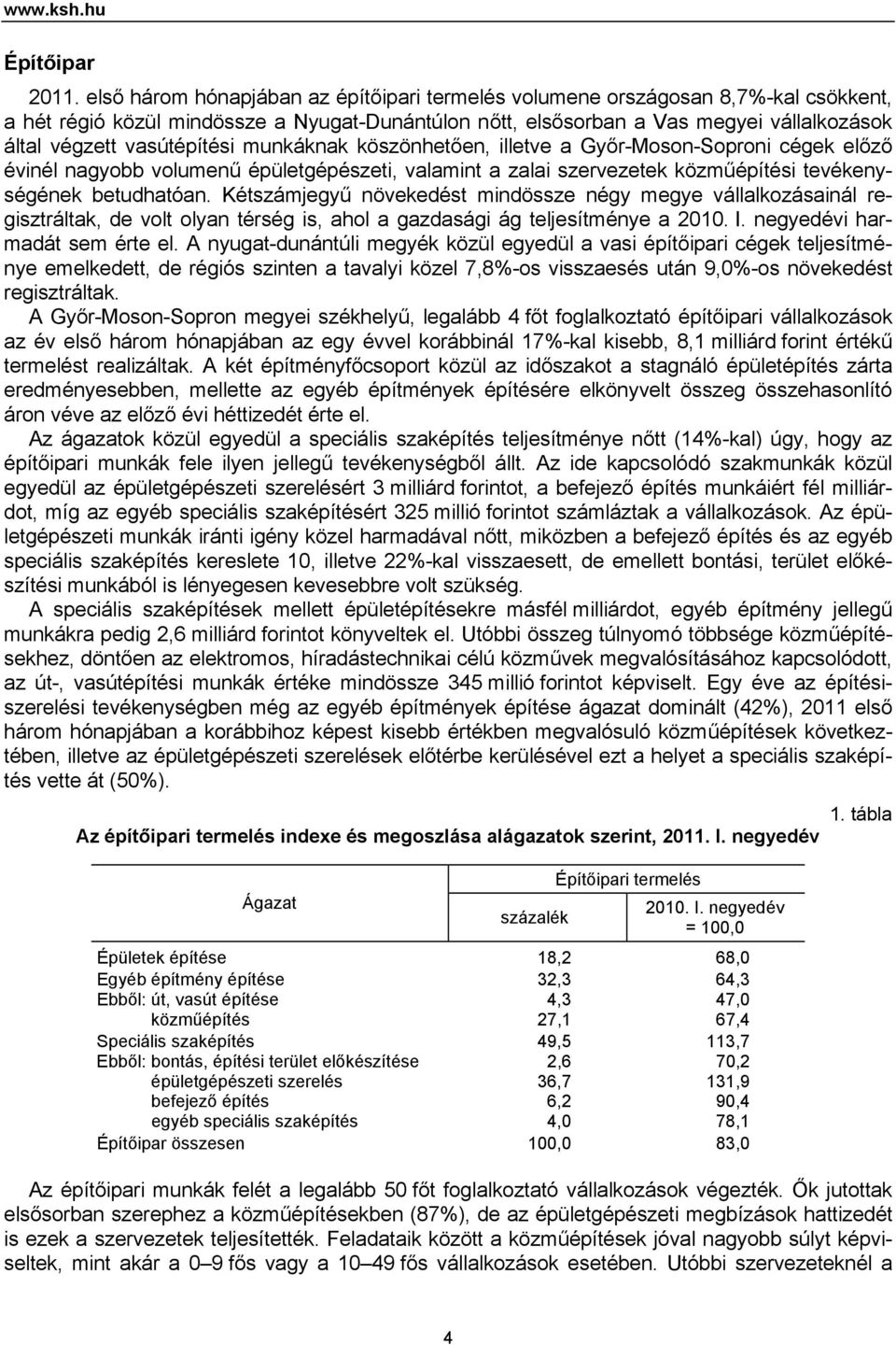 vasútépítési munkáknak köszönhetően, illetve a Győr-Moson-Soproni cégek előző évinél nagyobb volumenű épületgépészeti, valamint a zalai szervezetek közműépítési tevékenységének betudhatóan.