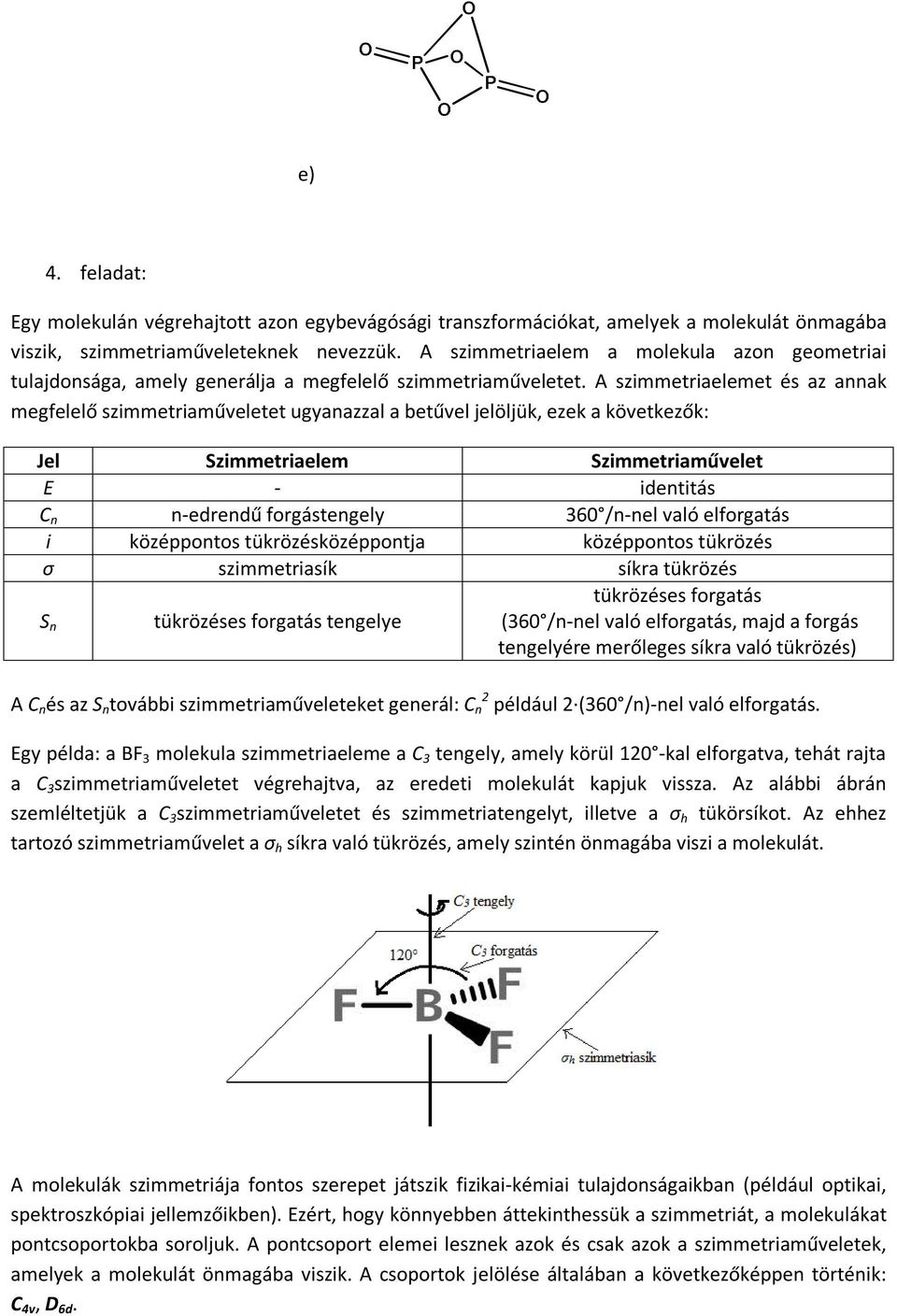 A szimmetriaelemet és az annak megfelelő szimmetriaműveletet ugyanazzal a betűvel jelöljük, ezek a következők: Jel Szimmetriaelem Szimmetriaművelet E - identitás C n n-edrendű forgástengely 60 /n-nel