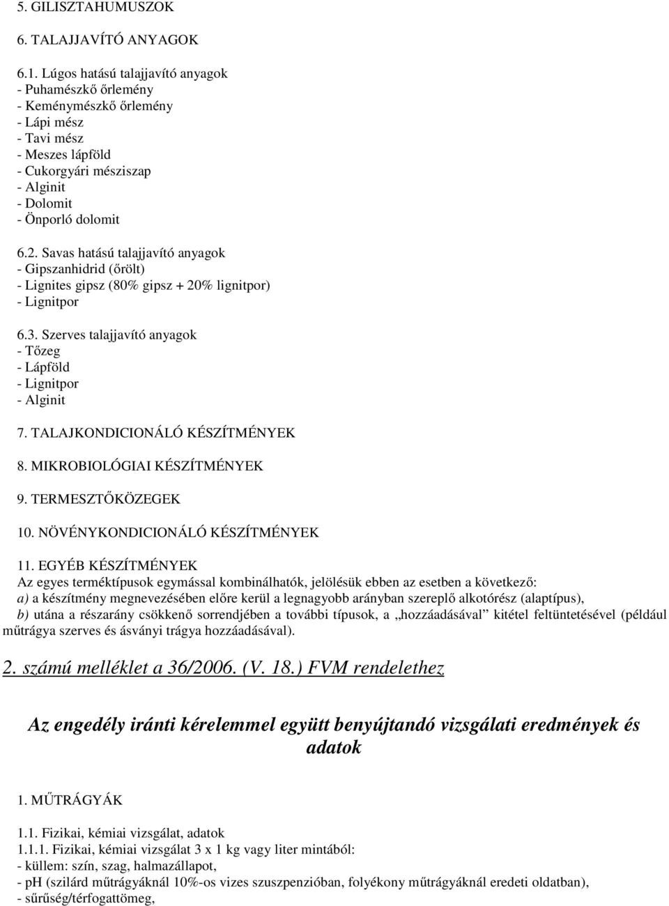 Savas hatású talajjavító anyagok - Gipszanhidrid (őrölt) - Lignites gipsz (80% gipsz + 20% lignitpor) - Lignitpor 6.3. Szerves talajjavító anyagok - Tőzeg - Lápföld - Lignitpor - Alginit 7.