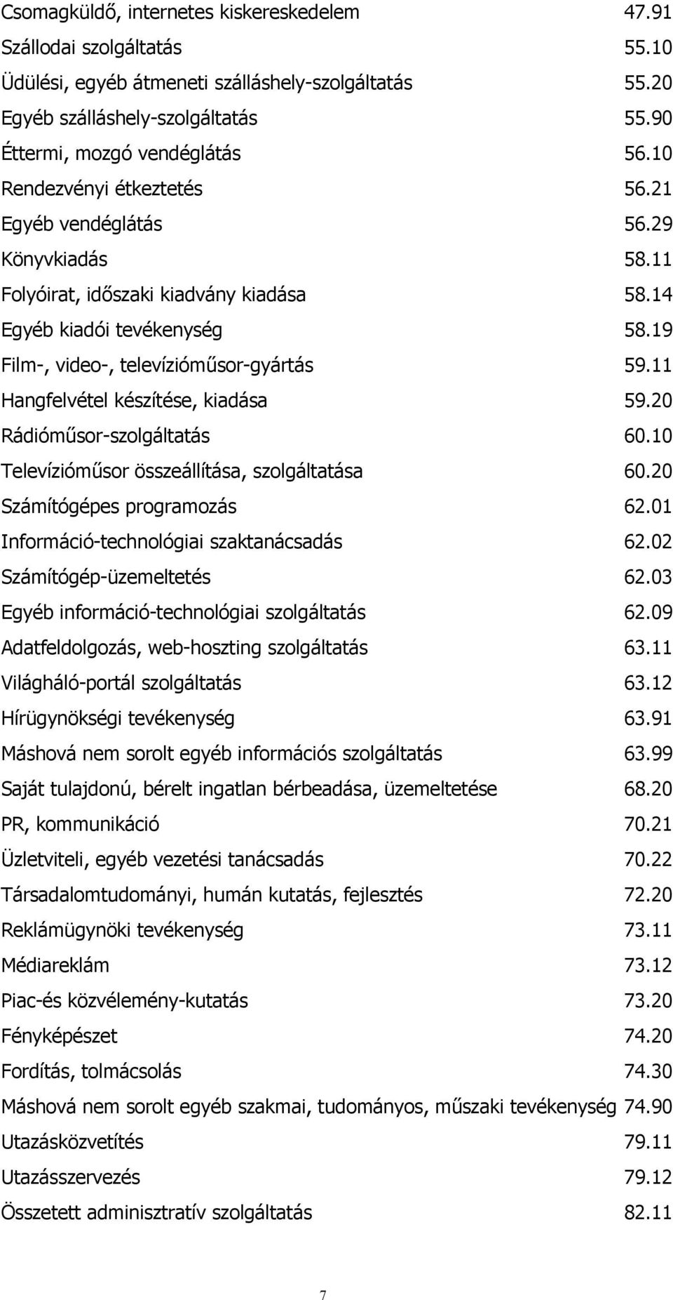 11 Hangfelvétel készítése, kiadása 59.20 Rádióműsor-szolgáltatás 60.10 Televízióműsor összeállítása, szolgáltatása 60.20 Számítógépes programozás 62.01 Információ-technológiai szaktanácsadás 62.