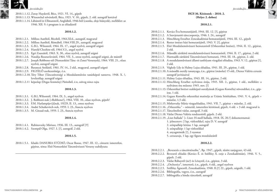 VIII.29., autográf, magyarul 2010.1.2.3. G.B.L. Wilsontól, 1964. IX. 17., angol nyelvű, autográf szignó 2010.1.2.4. Harold Cheshire-től, 1964.V.3., angol nyelvű 2010.1.2.5. Egri Zsuzsától, 1963. X.