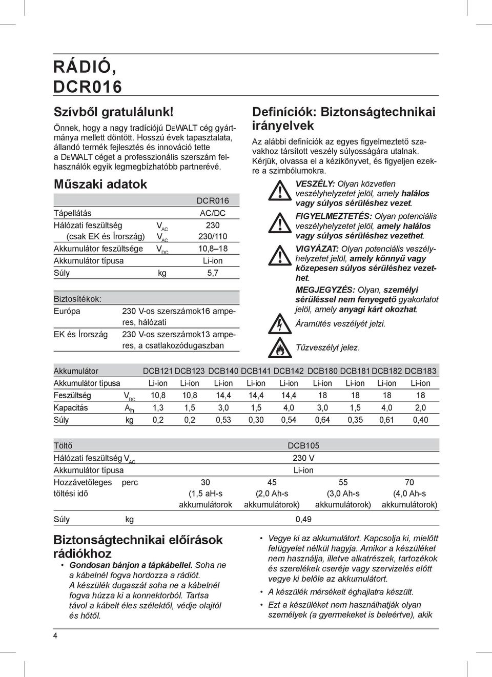 Műszaki adatok DCR016 Tápellátás AC/DC Hálózati feszültség V AC 230 (csak EK és Írország) V AC 230/110 Akkumulátor feszültsége V DC 10,8 18 Akkumulátor típusa Li-ion Súly kg 5,7 Biztosítékok: Európa