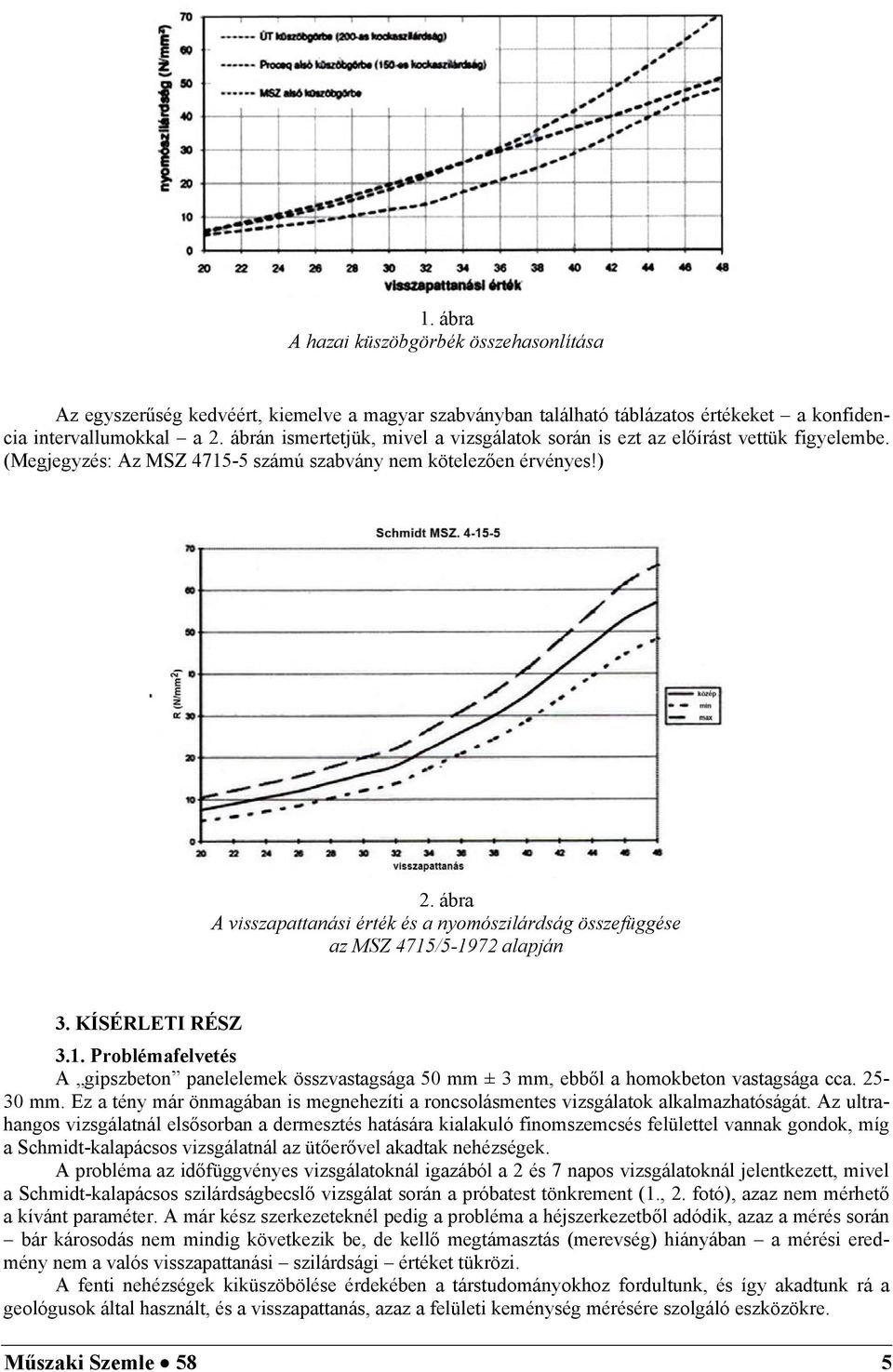 ábra A visszapattanási érték és a nyomószilárdság összefüggése az MSZ 4715/5-1972 alapján 3. KÍSÉRLETI RÉSZ 3.1. Problémafelvetés A gipszbeton panelelemek összvastagsága 50 mm ± 3 mm, ebből a homokbeton vastagsága cca.