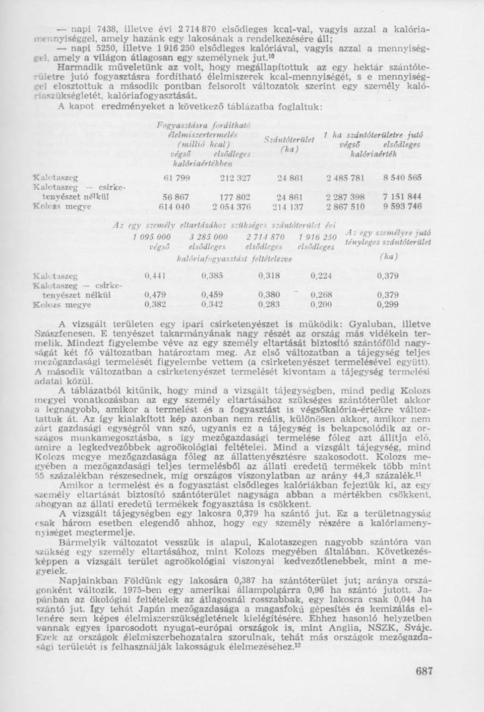 10 Harmadik műveletünk az volt, hogy megállapítottuk az egy hektár szántóte- -ületre jutó fogyasztásra fordítható élelmiszerek kcal-mennyiségét, s e mennyiséggel elosztottuk a második pontban