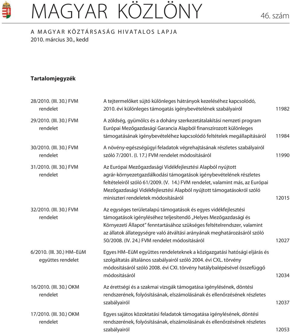 évi különleges támogatás igénybevételének szabályairól 11982 A zöldség, gyümölcs és a dohány szerkezetátalakítási nemzeti program Európai Mezõgazdasági Garancia Alapból finanszírozott különleges