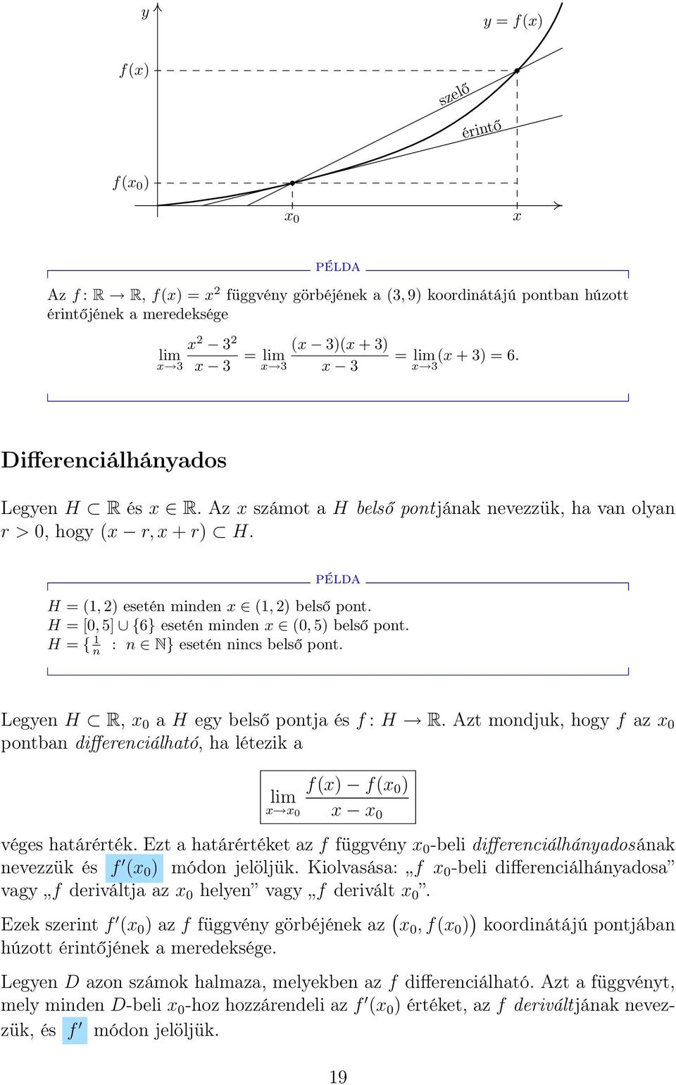 H = [0, 5] {6} esetén minden x (0, 5) belső pont. H = { n : n N} esetén nincs belső pont. Legyen H R, x 0 a H egy belső pontja és f : H R.