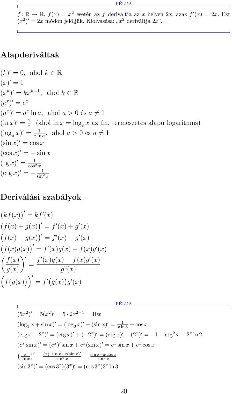 természetes alapú logaritmus) (log a x) =, ahol a > 0 és a x ln a (sin x) = cos x (cos x) = sin x (tg x) = cos 2 x (ctg x) = sin 2 x Deriválási szabályok ( kf(x) ) = kf (x) ( f(x) + g(x) ) = f (x) +