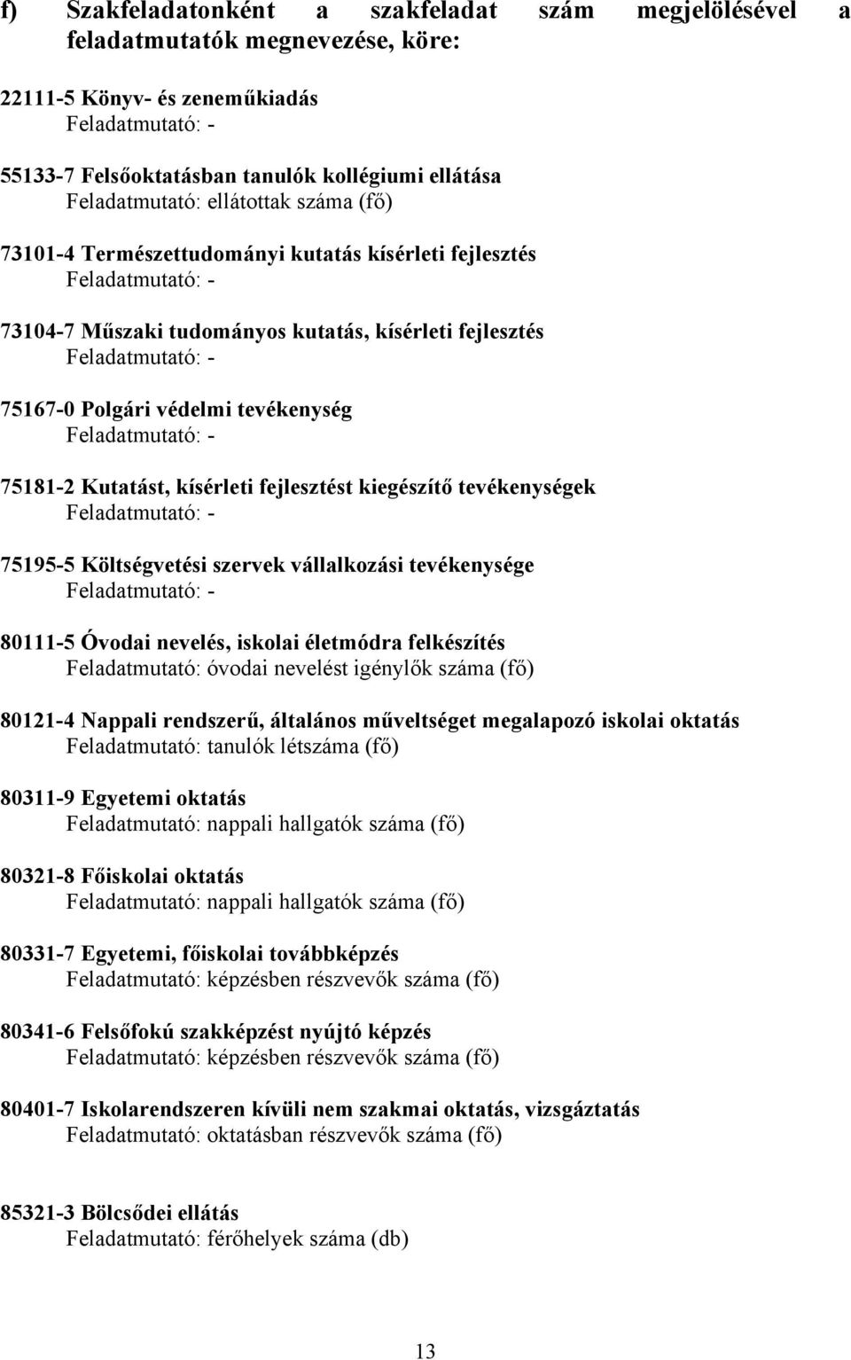 védelmi tevékenység Feladatmutató: - 75181-2 Kutatást, kísérleti fejlesztést kiegészítő tevékenységek Feladatmutató: - 75195-5 Költségvetési szervek vállalkozási tevékenysége Feladatmutató: - 80111-5