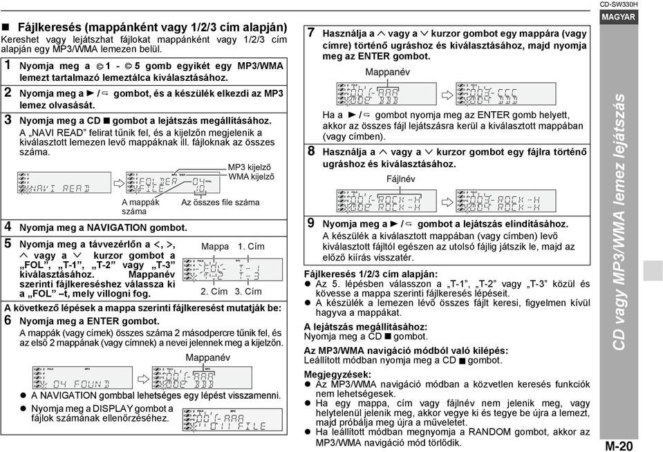 3 Nyomja meg a CD gombot a lejátszás megállításához. A NAVI READ felirat tűnik fel, és a kijelzőn megjelenik a kiválasztott lemezen levő mappáknak ill. fájloknak az összes száma.