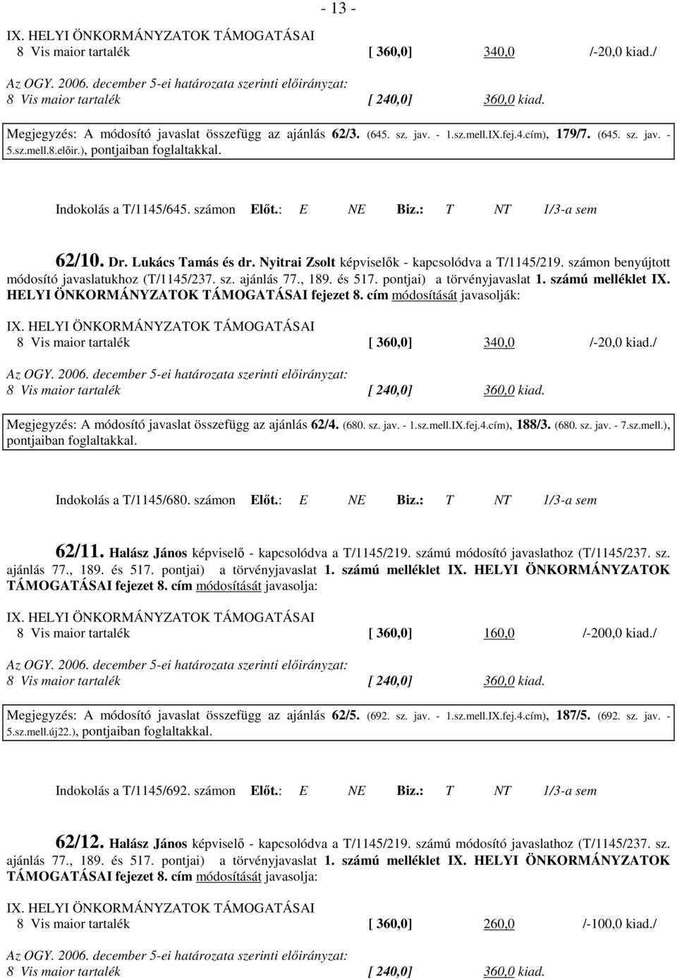 : E NE Biz.: T NT 1/3-a sem 62/10. Dr. Lukács Tamás és dr. Nyitrai Zsolt képviselık - kapcsolódva a T/1145/219. számon benyújtott módosító javaslatukhoz (T/1145/237. sz. ajánlás 77., 189. és 517.