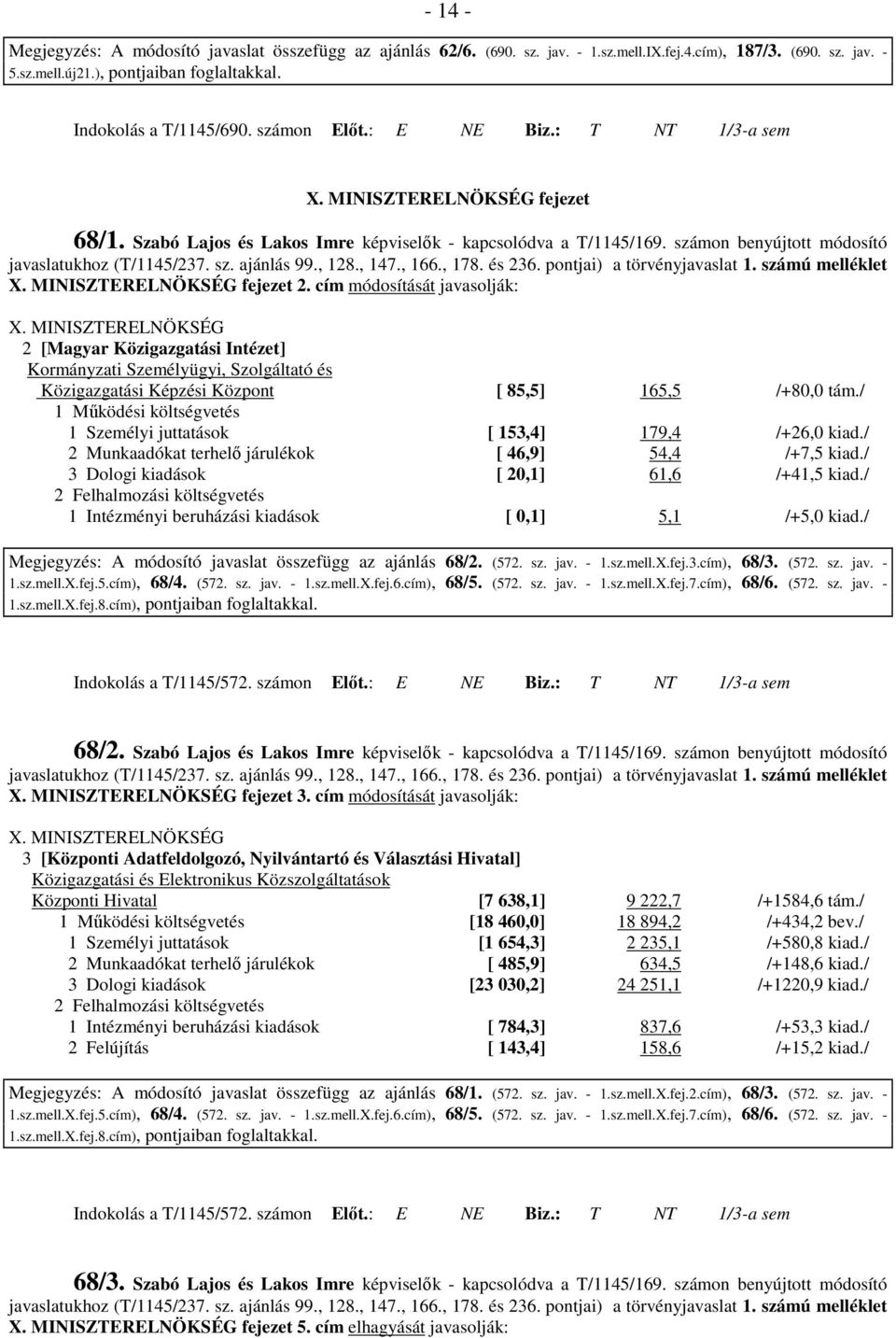 , 128., 147., 166., 178. és 236. pontjai) a törvényjavaslat 1. számú melléklet X. MINISZTERELNÖKSÉG fejezet 2. cím módosítását javasolják: X.