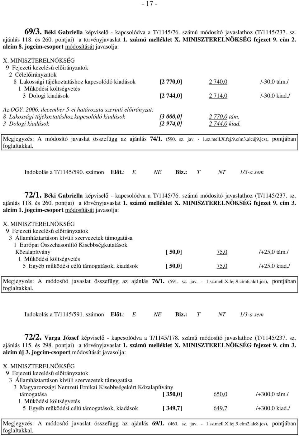 MINISZTERELNÖKSÉG 9 Fejezeti kezeléső elıirányzatok 2 Célelıirányzatok 8 Lakossági tájékoztatáshoz kapcsolódó kiadások [2 770,0] 2 740,0 /-30,0 tám./ 3 Dologi kiadások [2 744,0] 2 714,0 /-30,0 kiad.
