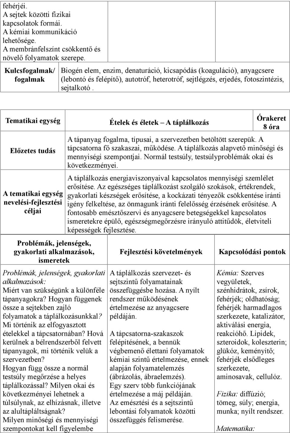 Tematikai egység Előzetes tudás A tematikai egység nevelési-fejlesztési céljai gyakorlati alkalmazások, ismeretek gyakorlati alkalmazások: Miért van szükségünk a különféle tápanyagokra?