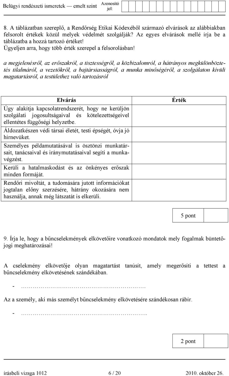 a megjelenésről, az erőszakról, a tisztességről, a közbizalomról, a hátrányos megkülönböztetés tilalmáról, a vezetőkről, a bajtársiasságról, a munka minőségéről, a szolgálaton kívüli magatartásról, a