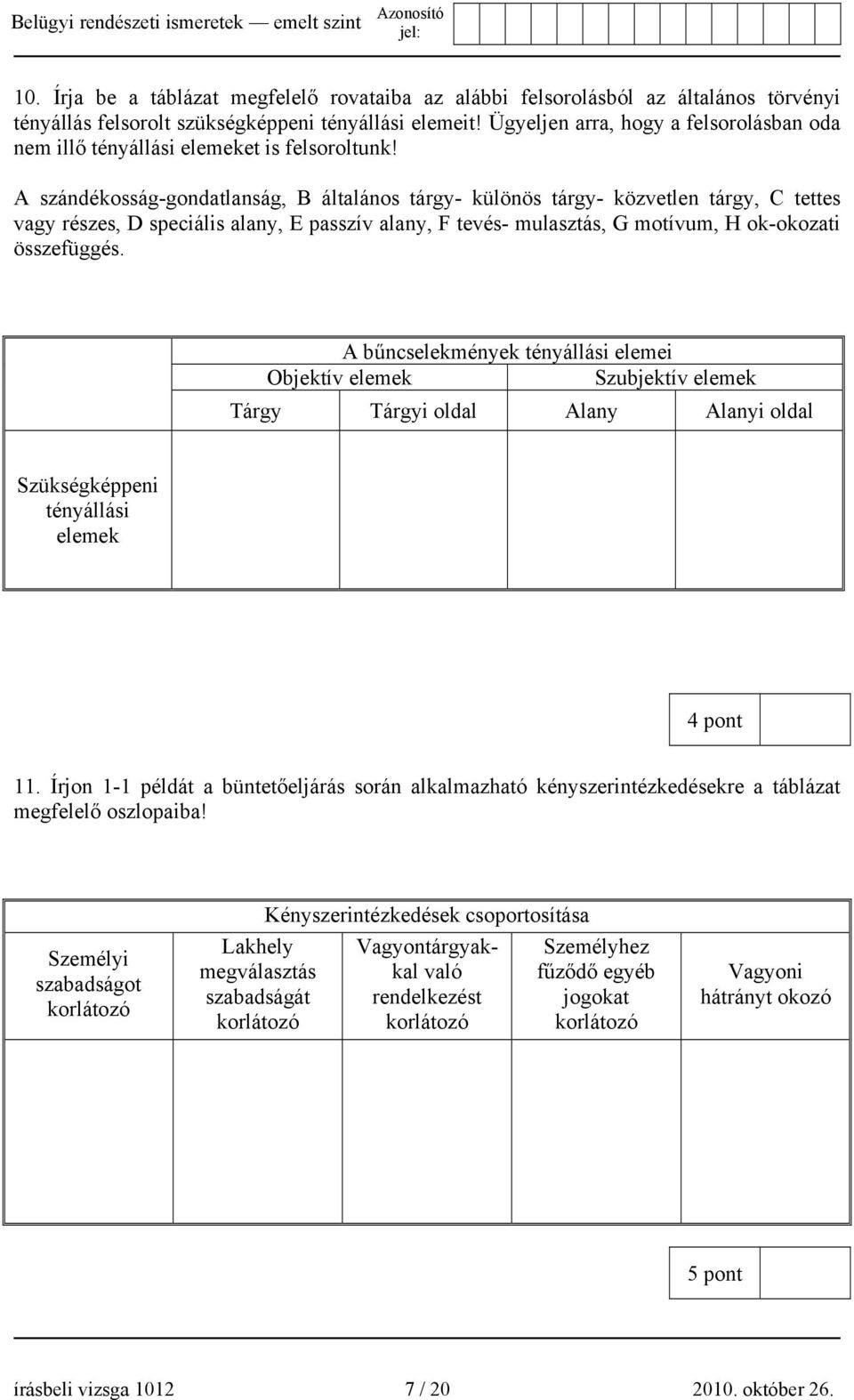 A szándékosság-gondatlanság, B általános tárgy- különös tárgy- közvetlen tárgy, C tettes vagy részes, D speciális alany, E passzív alany, F tevés- mulasztás, G motívum, H ok-okozati összefüggés.