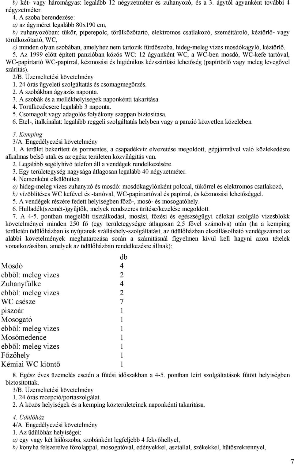 A szoba berendezése: a) az ágyméret legalább 80x190 cm, b) zuhanyozóban: tükör, piperepolc, törülközőtartó, elektromos csatlakozó, szeméttároló, kéztörlő- vagy törülközőtartó, WC, c) minden olyan