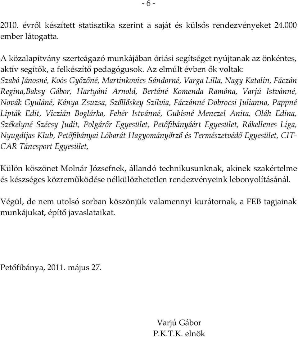 Az elmúlt évben ők voltak: Szabó J{nosné, Koós Győzőné, Martinkovics S{ndorné, Varga Lilla, Nagy Katalin, F{cz{n Regina,Baksy G{bor, Harty{ni Arnold, Bert{né Komenda Ramóna, Varjú Istv{nné, Nov{k