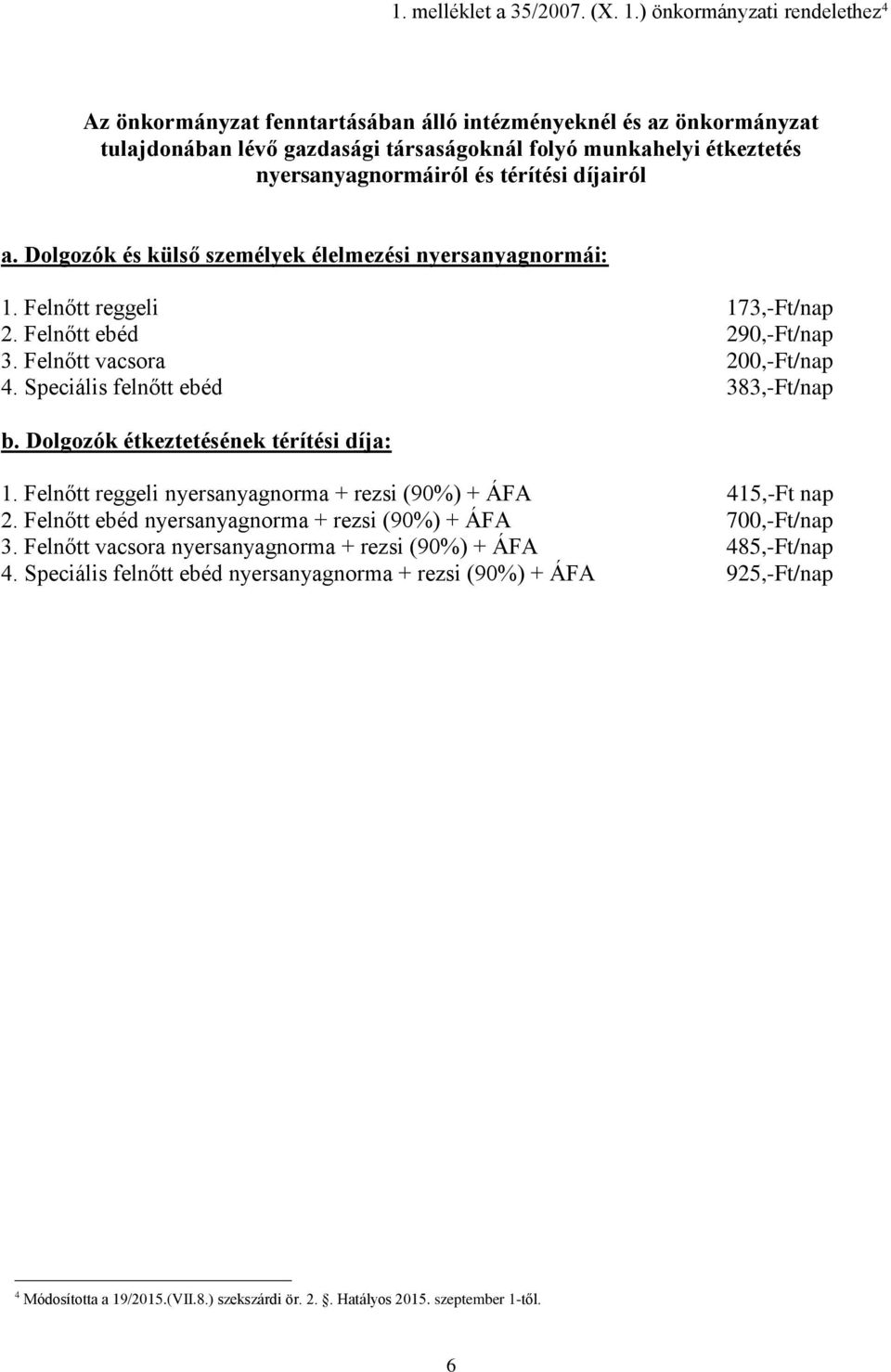 térítési díjairól a. Dolgozók és külső személyek élelmezési nyersanyagnormái: 1. Felnőtt reggeli 173,-Ft/nap 2. Felnőtt ebéd 290,-Ft/nap 3. Felnőtt vacsora 200,-Ft/nap 4.