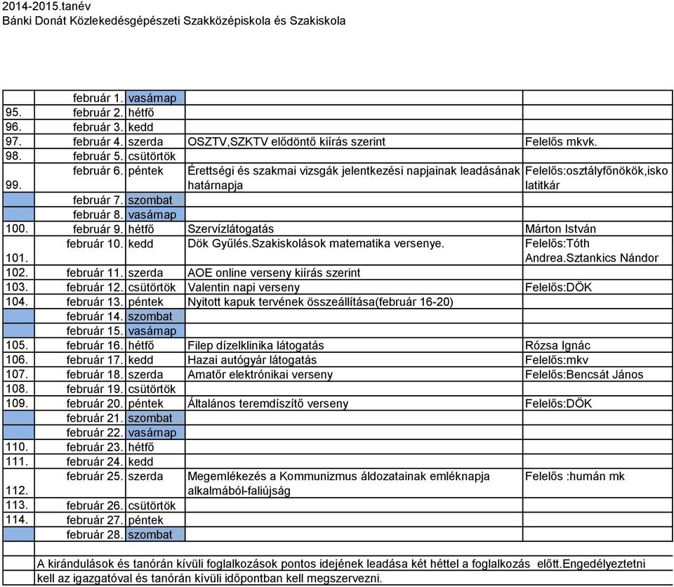 hétfő Szervízlátogatás Márton István 101. február 10. kedd Dök Gyűlés.Szakiskolások matematika versenye. Felelős:Tóth Andrea.Sztankics Nándor 102. február 11.