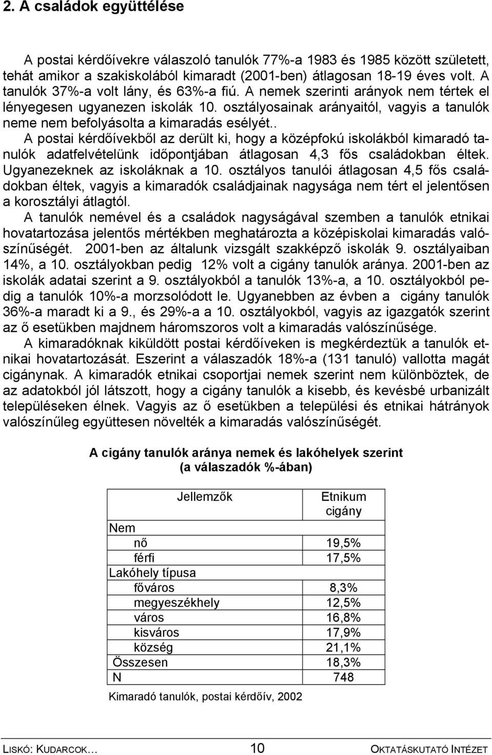 . A postai kérdőívekből az derült ki, hogy a középfokú iskolákból kimaradó tanulók adatfelvételünk időpontjában átlagosan 4,3 fős családokban éltek. Ugyanezeknek az iskoláknak a 10.