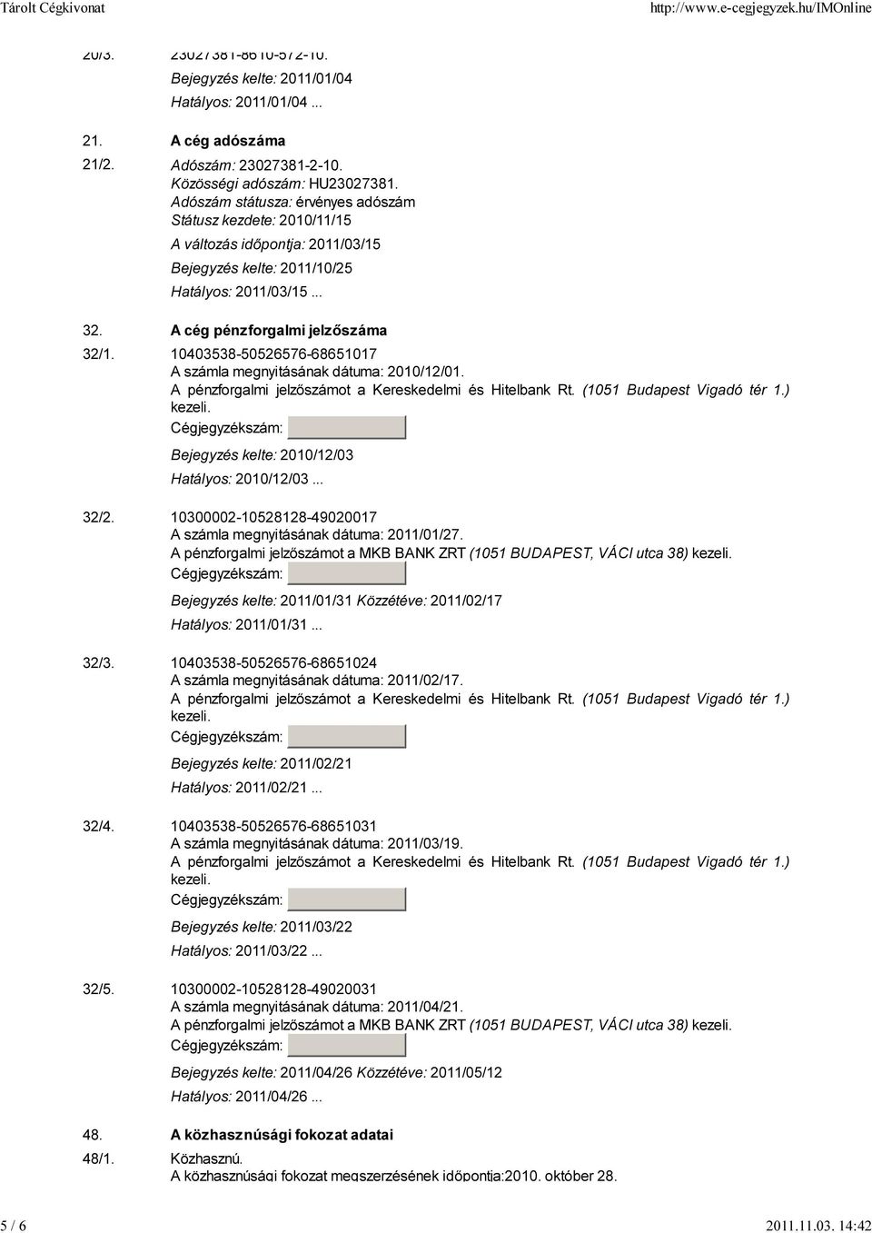 10403538-50526576-68651017 A számla megnyitásának dátuma: 2010/12/01. A pénzforgalmi jelzőszámot a Kereskedelmi és Hitelbank Rt. (1051 Budapest Vigadó tér 1.) kezeli.