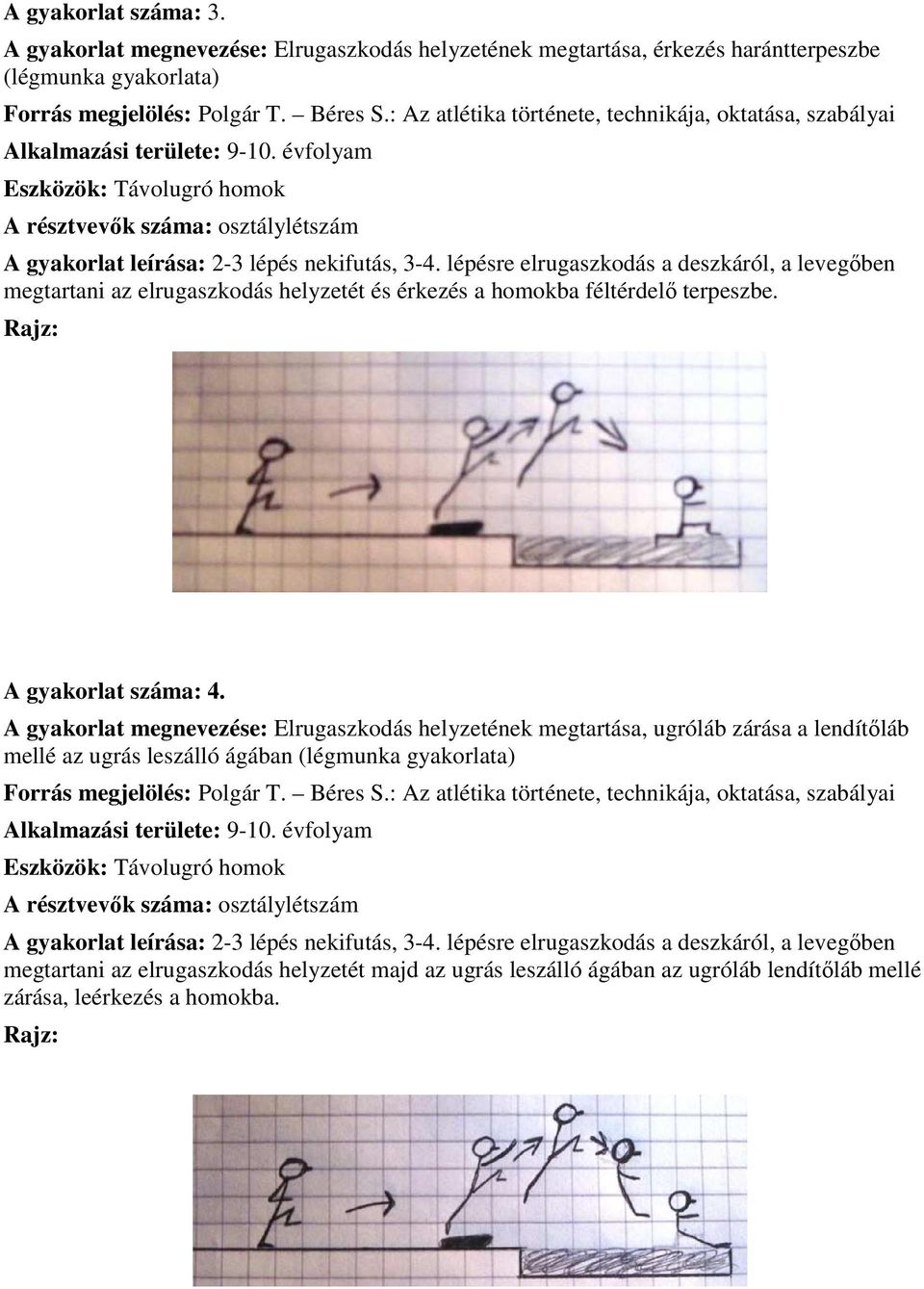 lépésre elrugaszkodás a deszkáról, a levegőben megtartani az elrugaszkodás helyzetét és érkezés a homokba féltérdelő terpeszbe. A gyakorlat száma: 4.