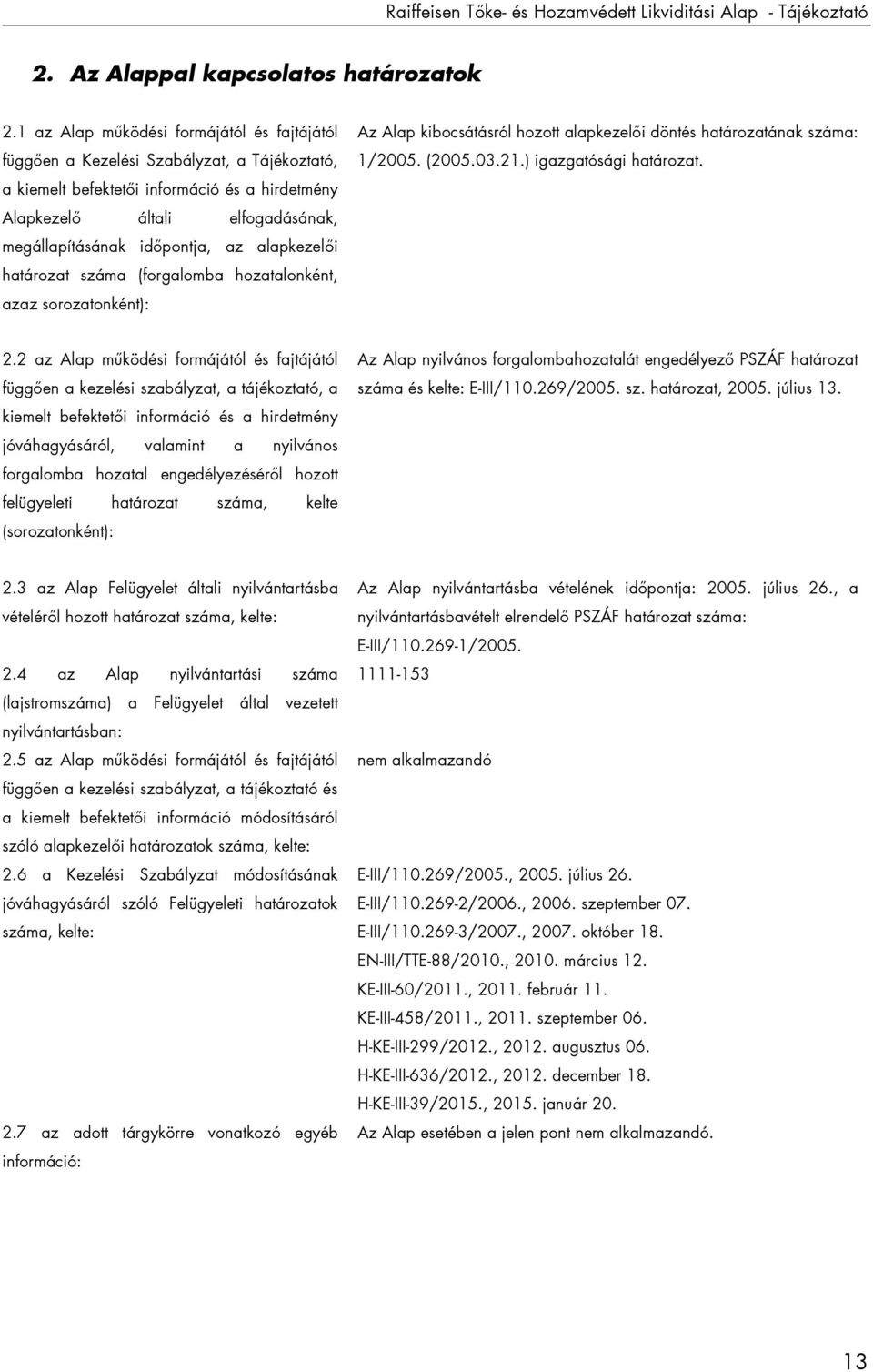 az alapkezelői határozat száma (forgalomba hozatalonként, azaz sorozatonként): Az Alap kibocsátásról hozott alapkezelői döntés határozatának száma: 1/2005. (2005.03.21.) igazgatósági határozat. 2.